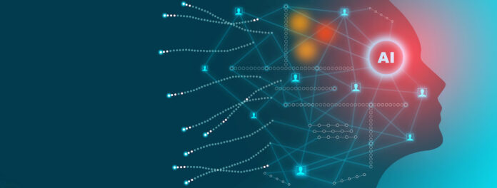 Artificial intelligence technology concept - Responsive web banner design with illustration of human face made by tiny glowing connections - digital network for AI