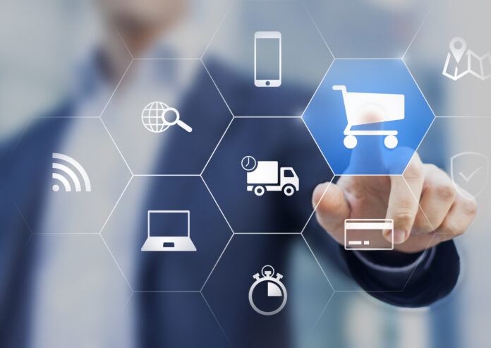 Businessman touching e-commerce button, interface, delivery, shopping