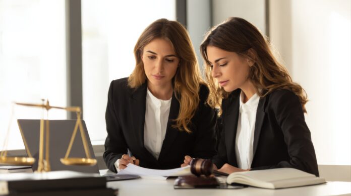 Two Female Lawyers Reviewing Legal Documents, Preparing for Court Case, Justice Scale, Teamwork